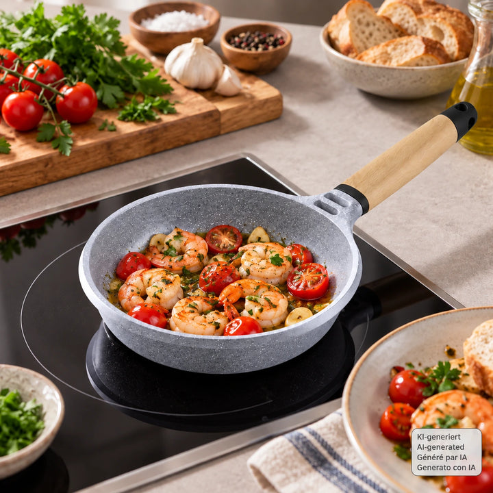 CASTEY Cast Aluminium Frying Pan STONE CERAMIC 20 cm PFAS-Free Removable Wooden Handle Induction