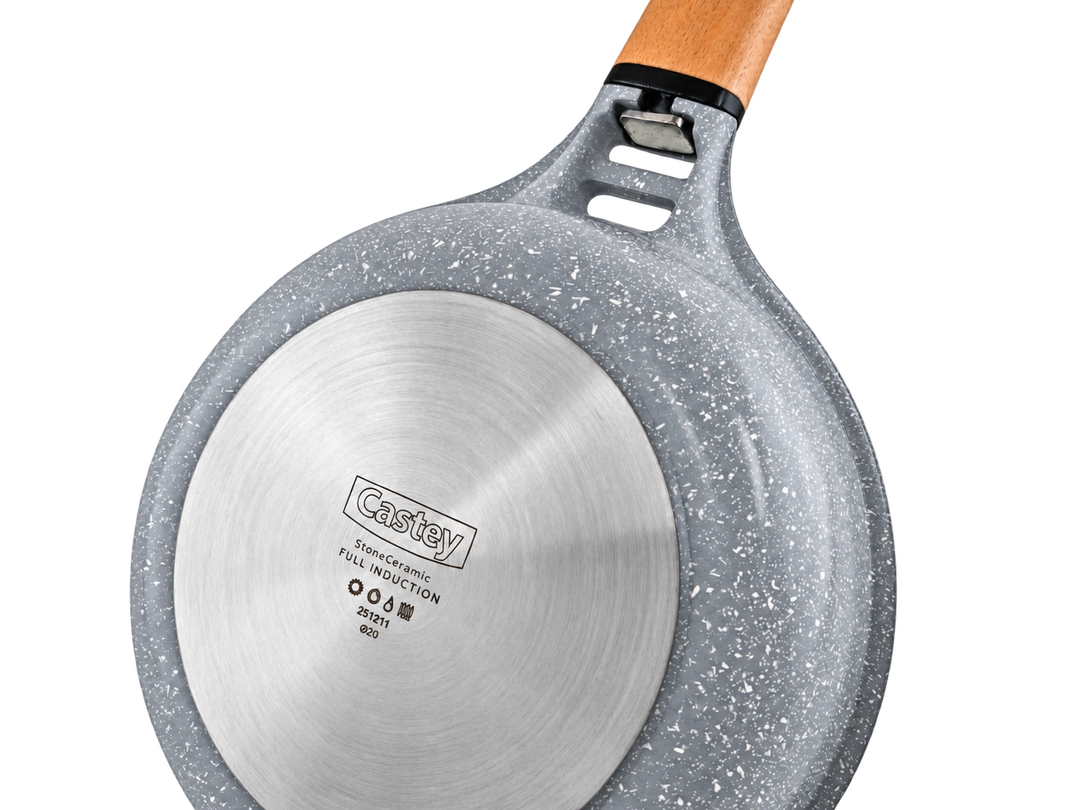 CASTEY Cast Aluminium Frying Pan STONE CERAMIC 20 cm PFAS-Free Removable Wooden Handle Induction